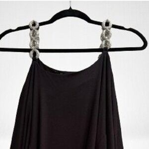 NEW Sky Women Cold Shoulder Top Rhinestone Chain Straps Drape Black Medium